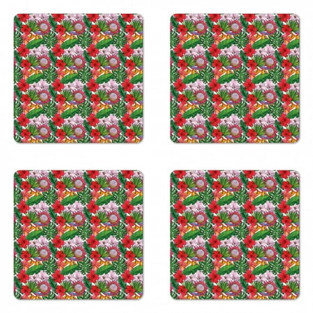 

Tropical Coaster Set of 4 Exotic Botany Concept with Plumeria Magnolia and Hibiscus Flowers with Palm Leaves Square Hardboard Gloss Coasters Standard Size Multicolor by Ambesonne