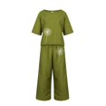 thumbnail image 4 of MSJUHEG Ensembles Deux Pièces pour Femmes Chandails à Col Rond Ensembles en Lin pour 2 Pcs Dames Blouse Imprimée à Manches Courtes en Coton Pantalon Court Ample Costume Deux Pièces Joggeurs pour Femmes Vert Armée TTG, 4 of 5