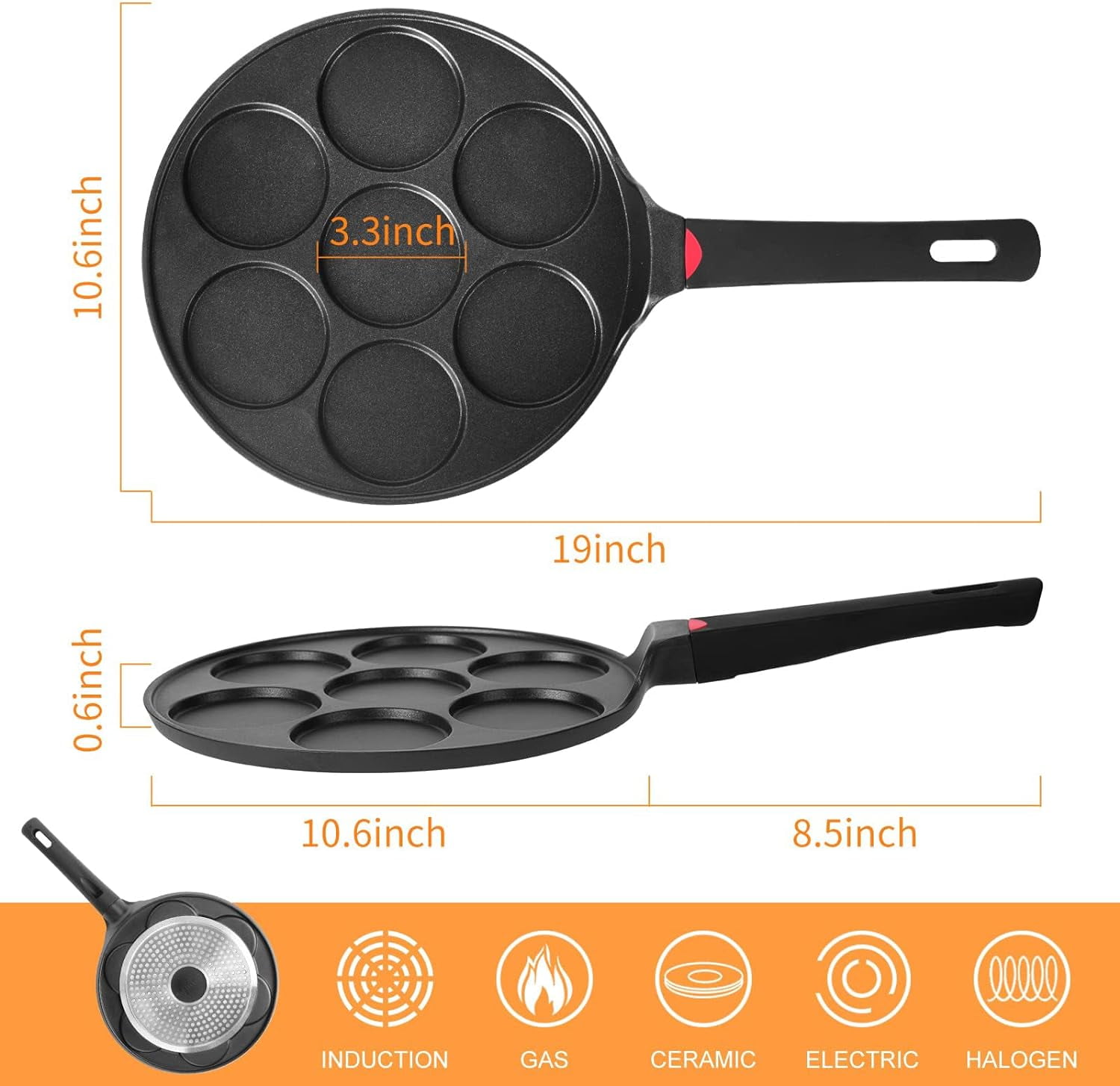 10.5 Inch Nonstick Pancake Pan Maker with 7 Molds, Mini Grill for Breakfast, Crepes, Blini, Oven & Dishwasher Safe