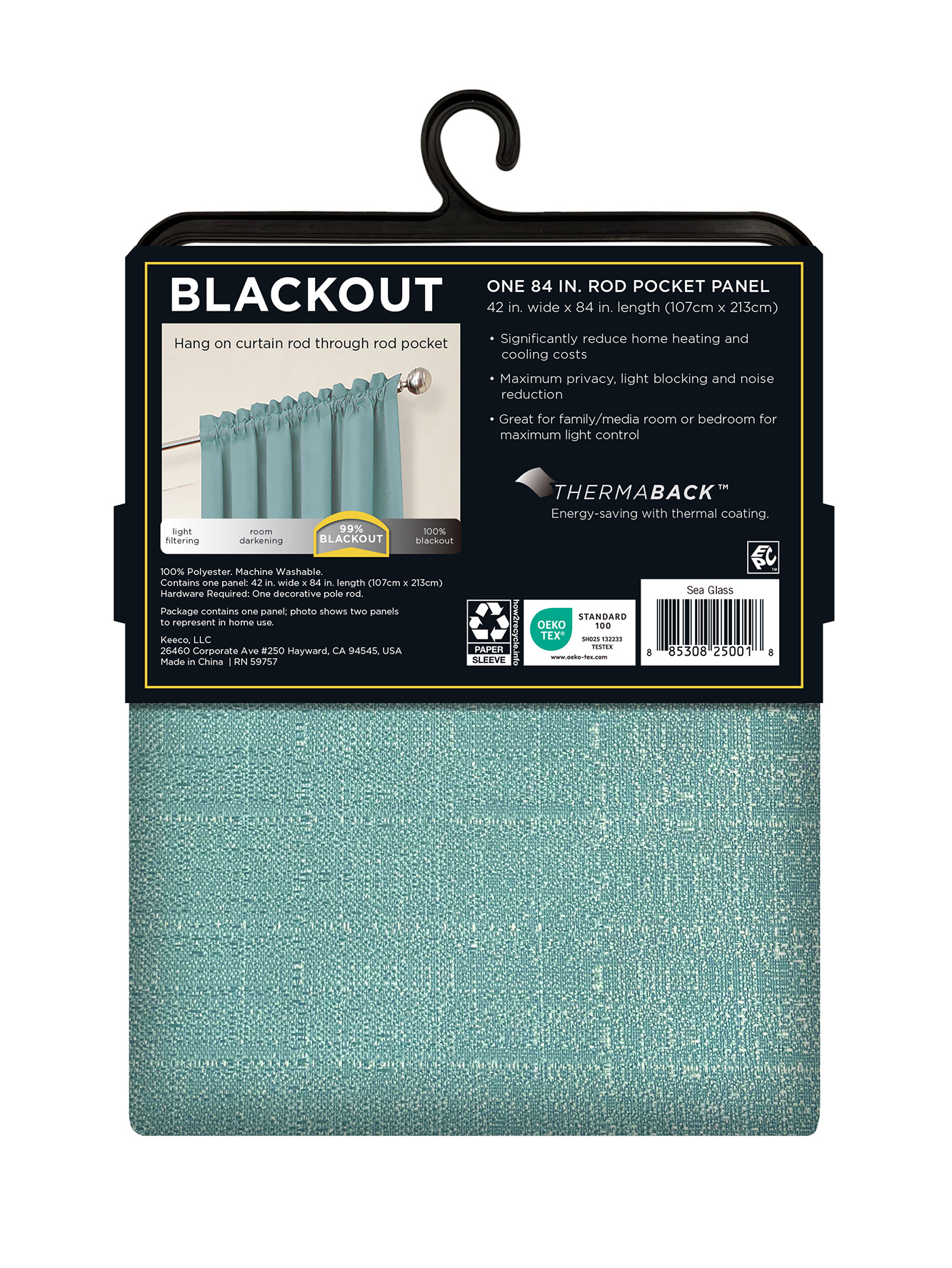 Eclipse Samara Solid Blackout Single Panel, Seaglass, 42" W x 84" L