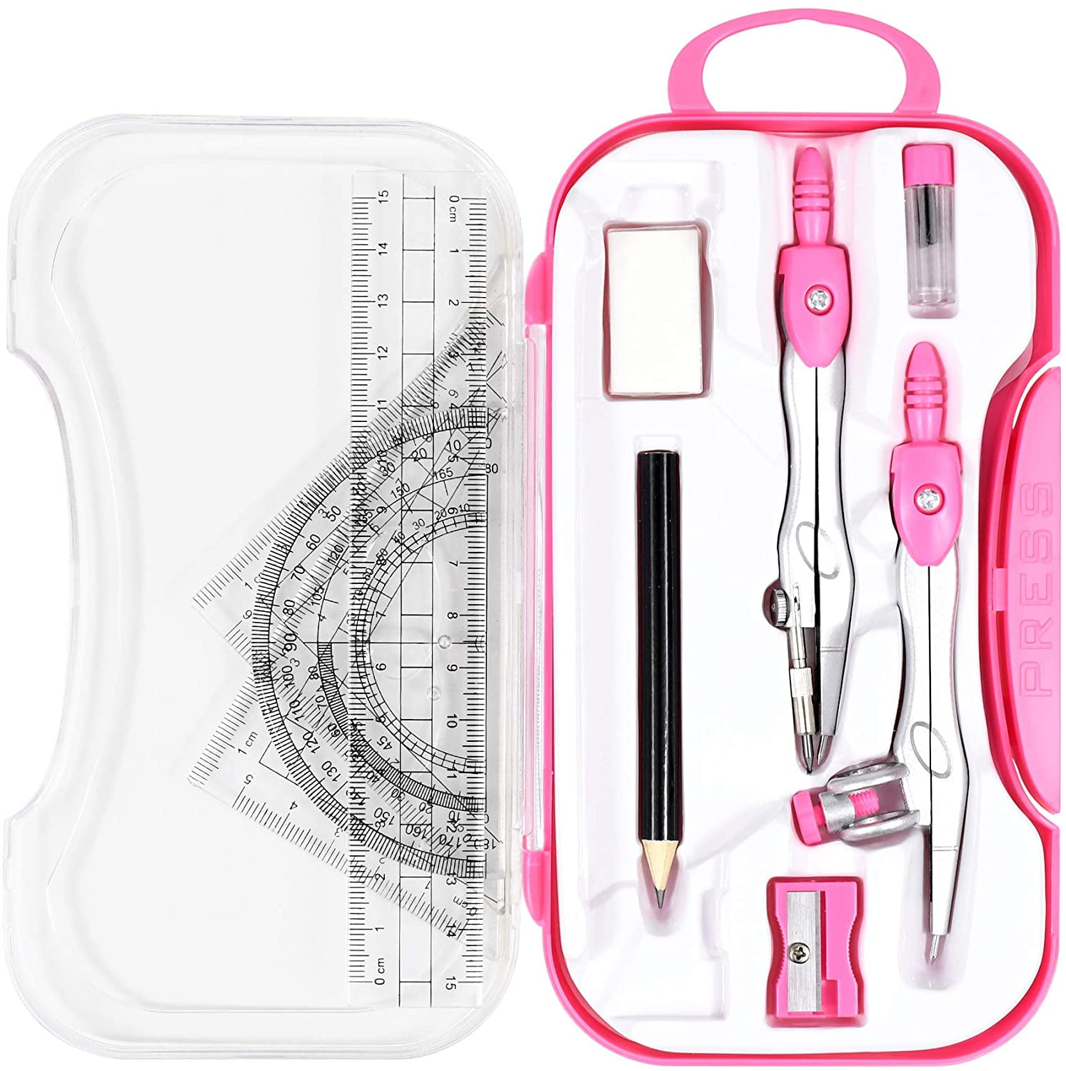 DWE Geometry Set 8 Pieces Math Geometry Kit Student Supplies with Shatterproof Storage Box Includes Rulers,Protractor,Compass,Pencil Lead Refills,Pencil,Eraser