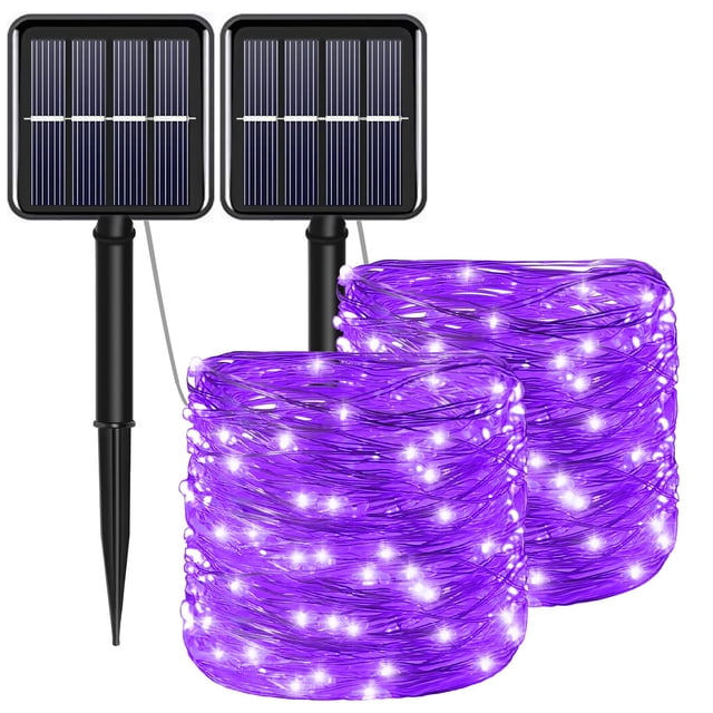 Cadena de luces solares YAOZHOU, color morado, 2 unidades, 200 LED, 12 m, para exteriores