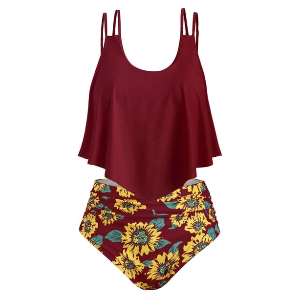 Conjunto Tankini de superposición de contraste de girasol talla grande Rosegal Tankinis
