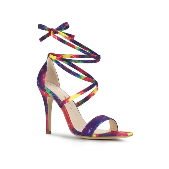 BLISSFUL STEP Women's Tie Dye Lace up Sandal Prom Open Toe Stiletto Heels Sandals