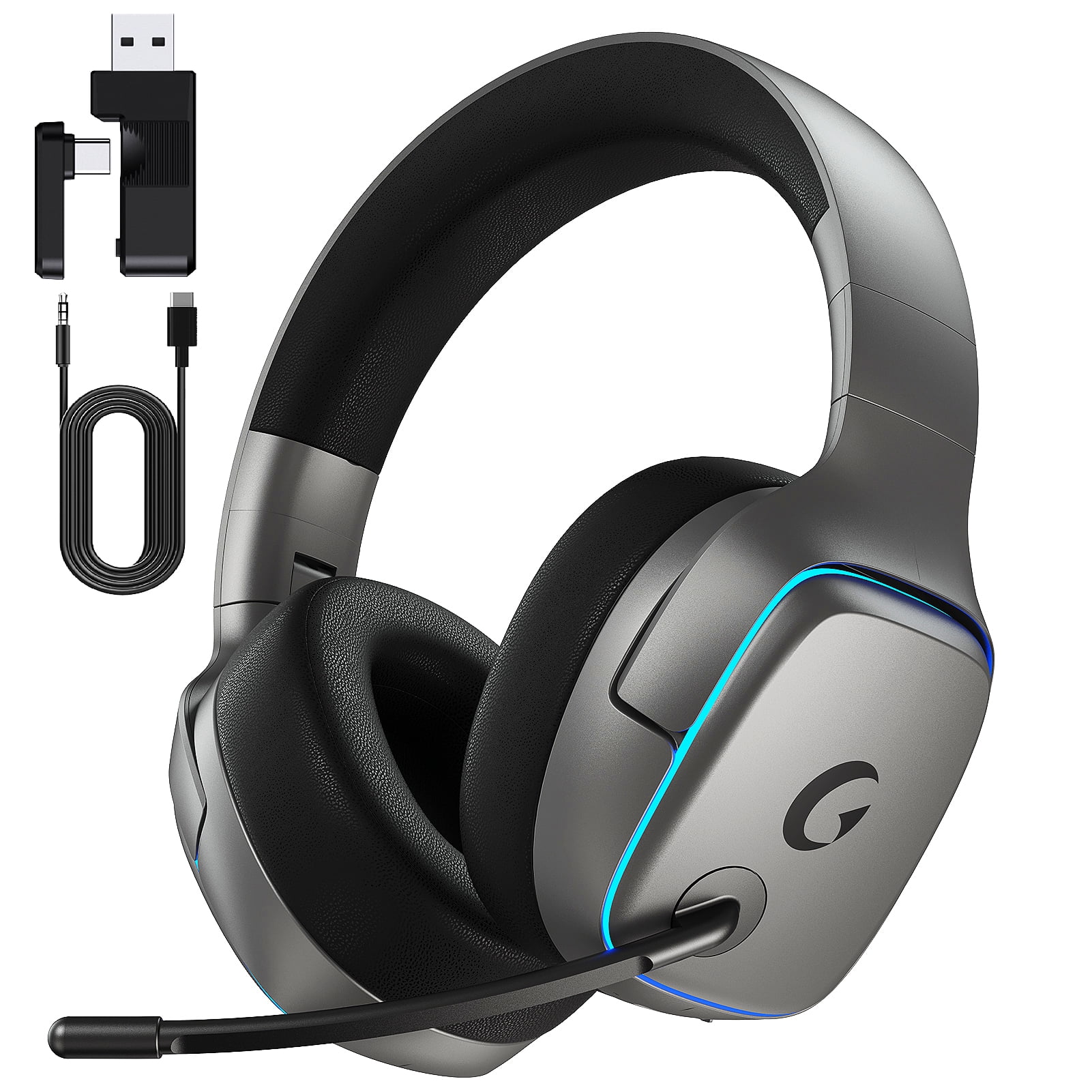 Wireless Gaming Headset 2.4GHz for PS5/PS4/PC/Switch,Bluetooth 5.3 Headphones with Noise-Canceling Mic, 7.1 Surround Sound, 70H Battery Life, RGB Lights, Foldable, Portable-Light gray-black