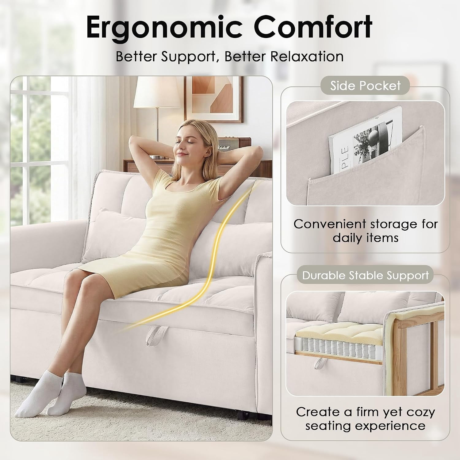 WAKEFIT 54" Pull-Out Sleeper Sofa Bed,3-in-1 Convertible Loveseat Couch with Adjustable Backrest for Small Living Room,Velvet,Beige