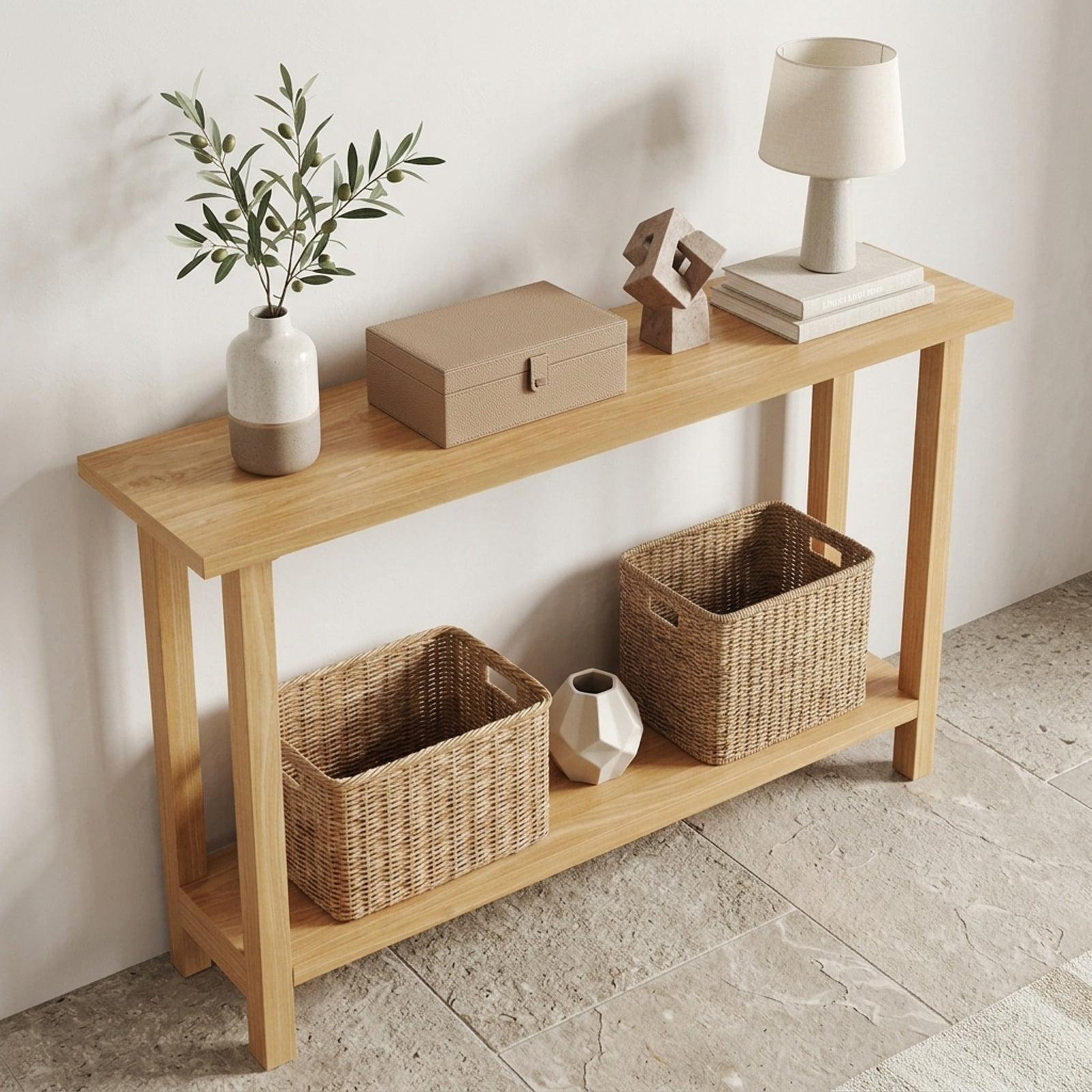 Furnibear 47 Inch Solid Teak Wood Console Table with Storage Shelf Farmhouse Sofa Table for Entryway Hallway Living Room, Natural