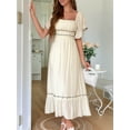 thumbnail image 2 of Women Short Sleeve Midi Dress Square Neck Contrast Color Casual Rick Rack Smocked Dresses  L, 2 of 5