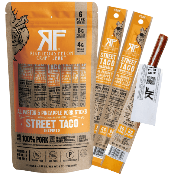 Righteous Felon Meat Sticks - Gluten Free & Keto Pork Sticks, Protein Snacks, Street Taco, 6 pack