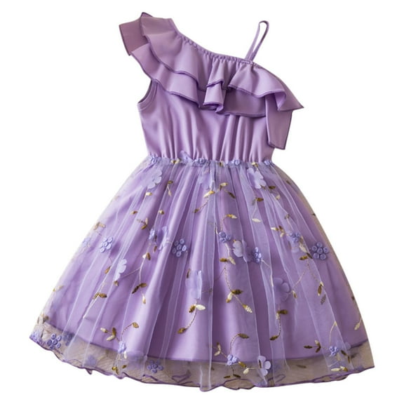 QTOCIO Toddler Girls Dresses, Baby Girl Summer Clothes, Girls' Summer New Short Sleeve Ruffled Round Neck Lace Embroidery Mesh Princess Bow Skirt, Purple, 2 Years