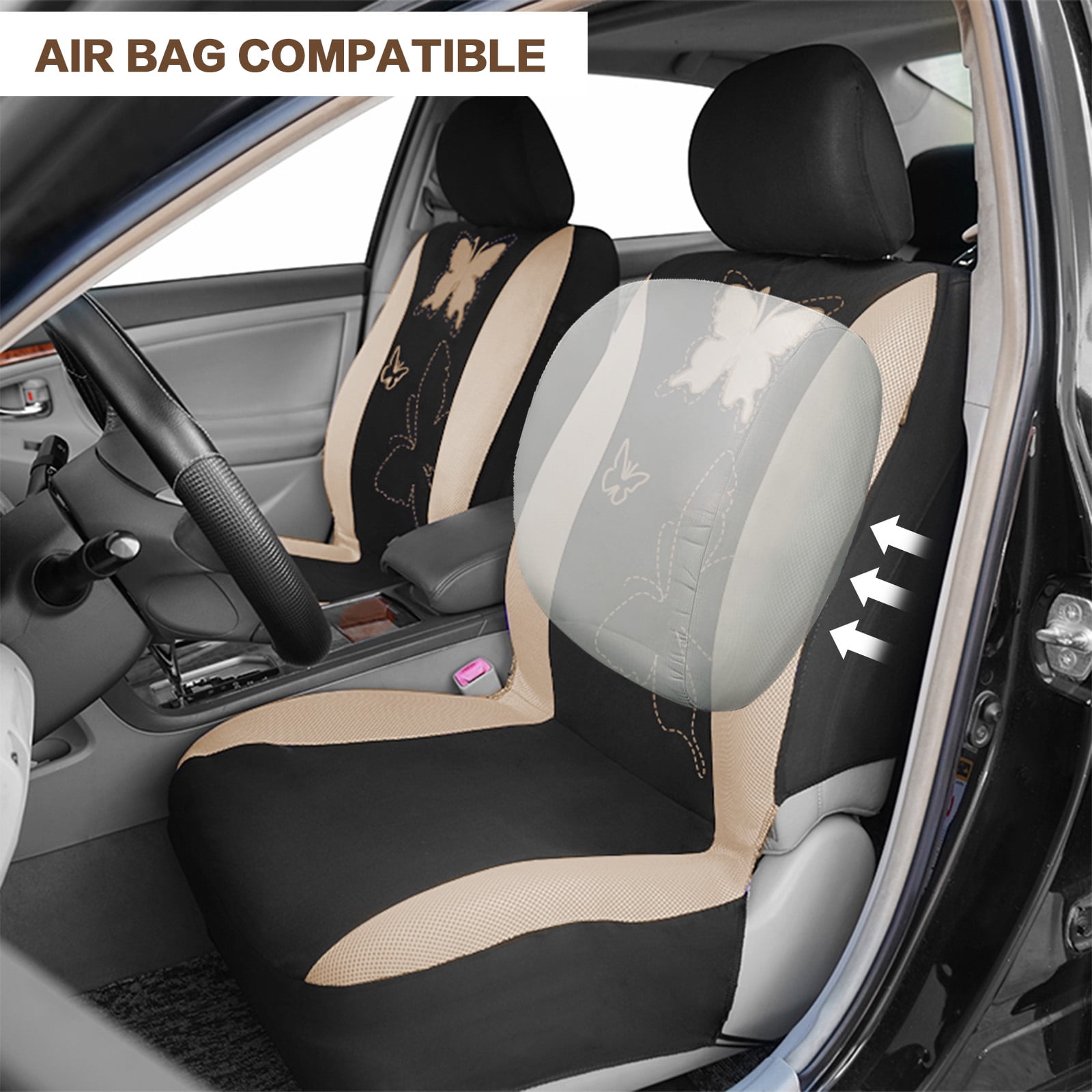 OTOEZ Butterfly Car Seat Cover, Breathable Cloth 5 Seats Full Set for Front & Rear Seat Protector, Universal fit Most Honda Toyota Chevy Ford Nissan Truck SUV, Beige