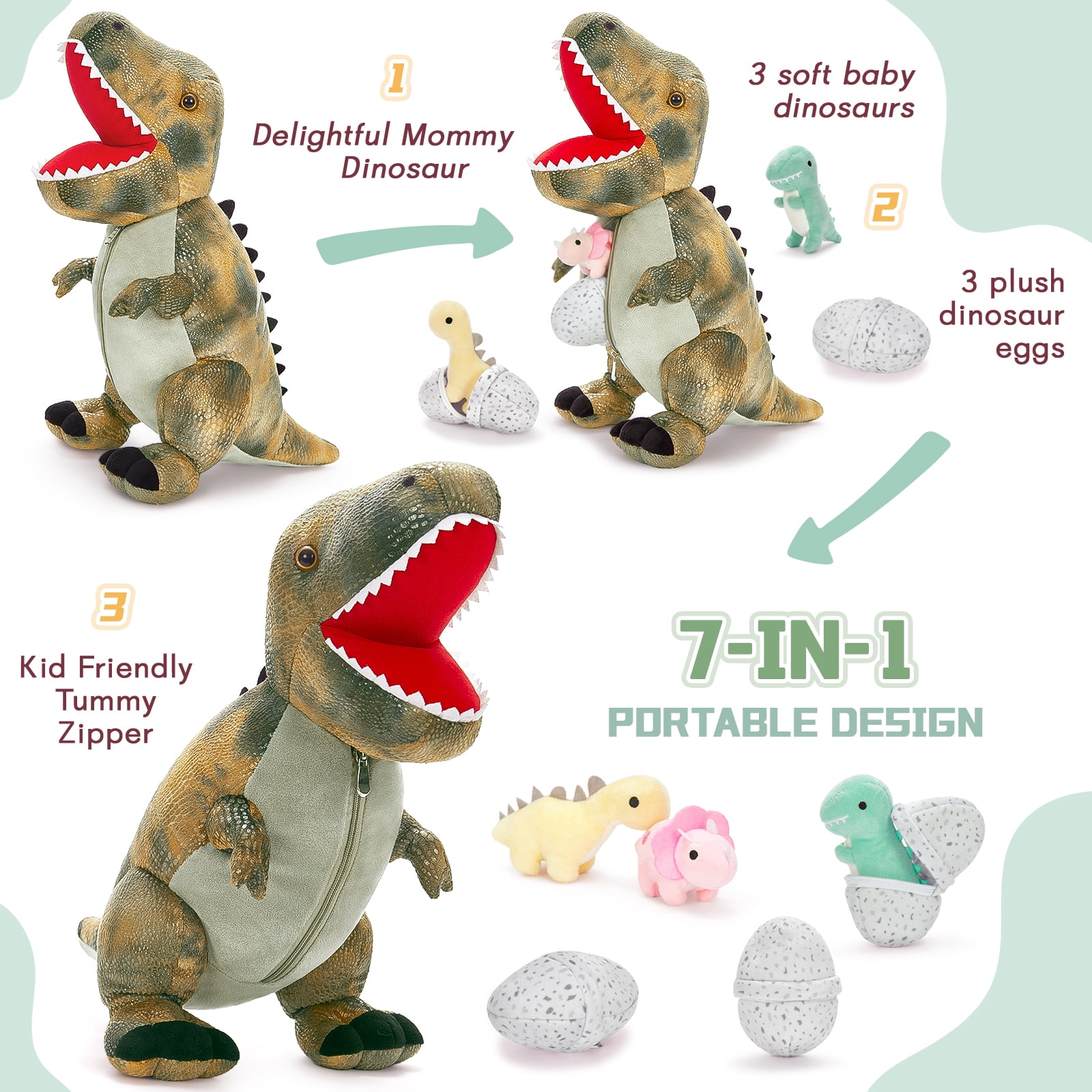 MorisMos 23.6" Stuffed Dinosaur Toy Mommy Dinosaur Plush with 3 Baby Stuffed Dinosaur Toys
