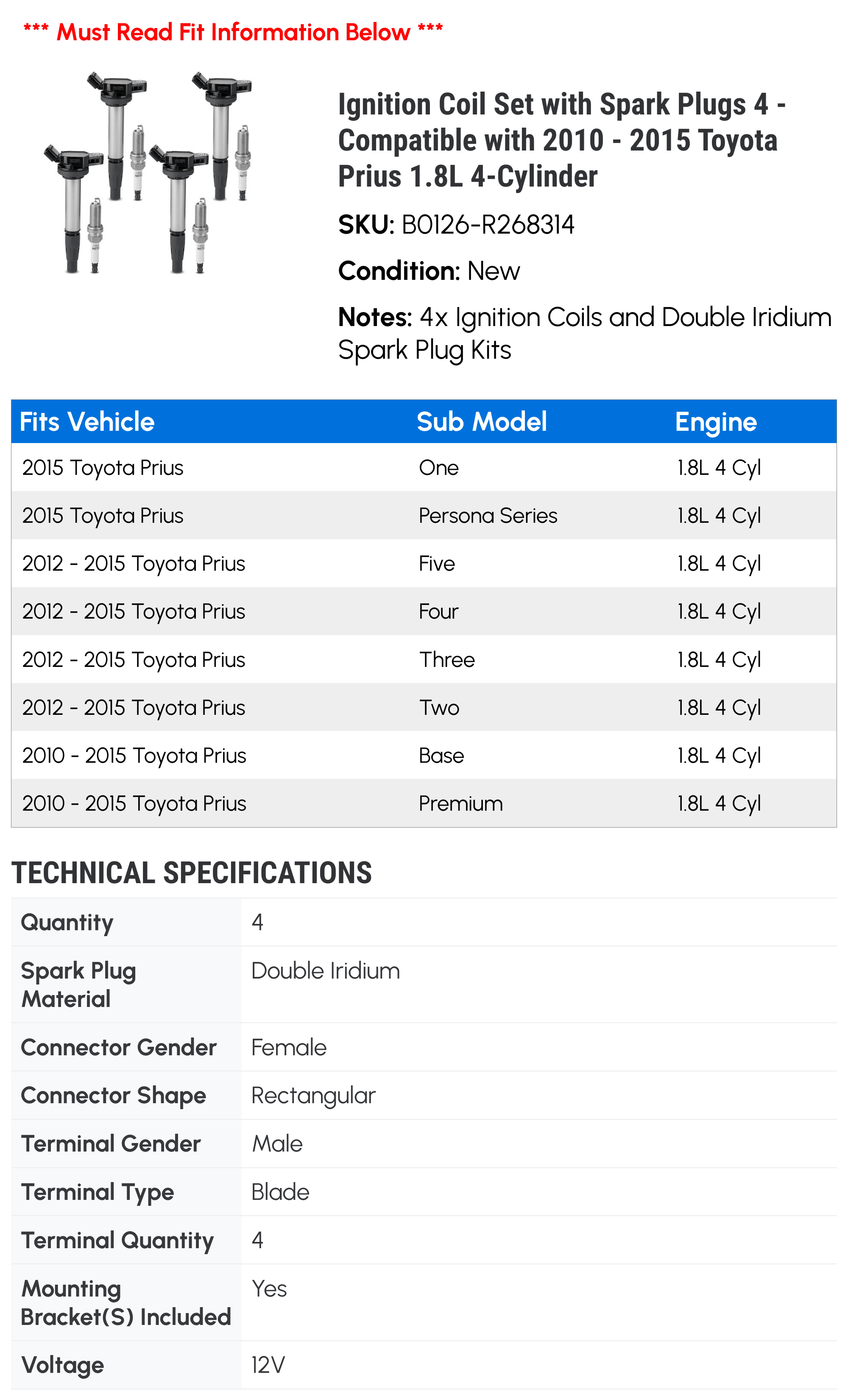 Ignition Coil Set with Spark Plugs 4 - Compatible with 2010 - 2015 Toyota Prius 1.8L 4-Cylinder - Autopart Premium