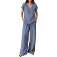 thumbnail image 3 of Women's V Neck Short Sleeve Top & Wide Leg Pants Set, Soft Nylon Spandex Loungewear, Casual 2 Piece Outfit with Stretchy Waist, for Relaxed Days, Work from Home, or | TruBelle,Dark Blue 2XL, 3 of 8