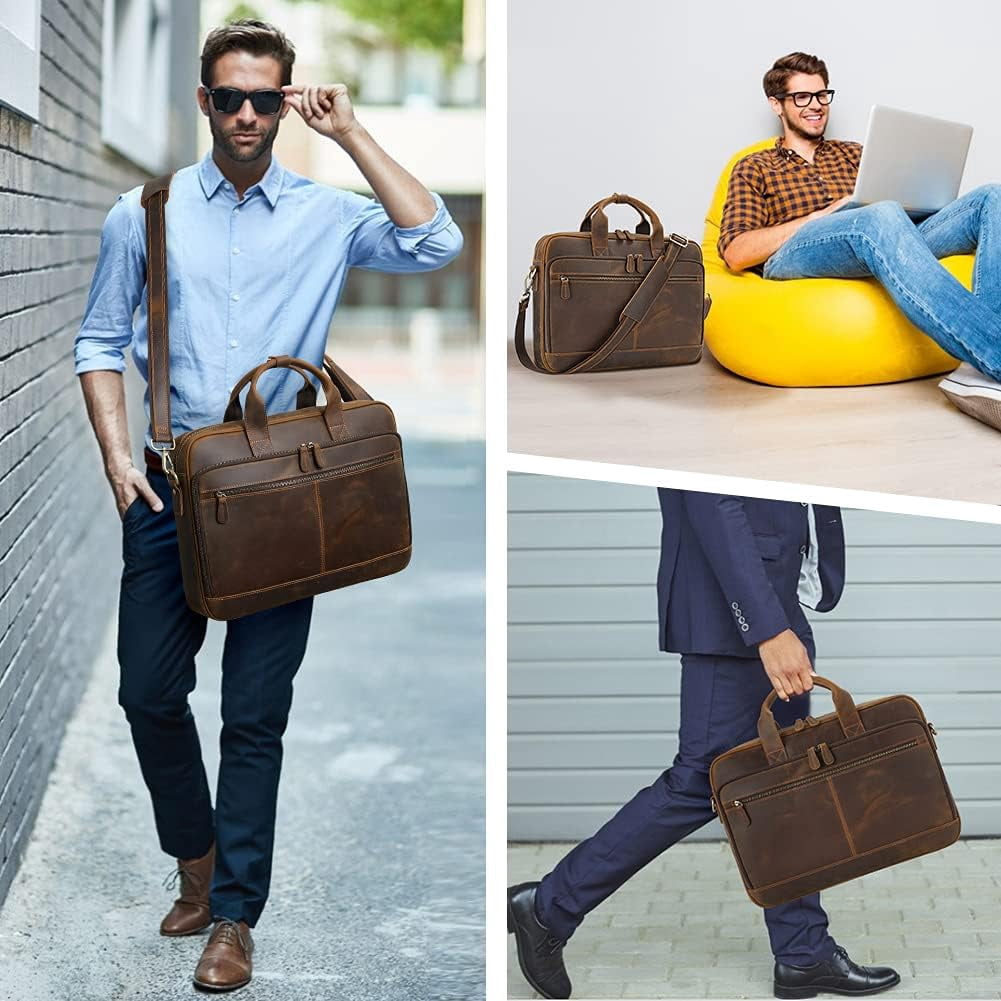 Full Grain Leather Briefcase for Men, Business Messenger Bag Laptop Bag Attache Case, Fits 15.6 Inch Laptop