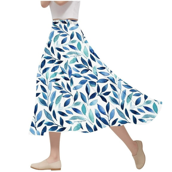Midi Skirts for Women Flowy Swing Floral Print A-Line Skirts Casual Elastic High Waisted Skirt