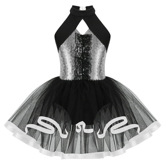 inhzoy Kids Girls Shiny Sequin Sleeveless Dance Leotard Mesh Tutu Dress