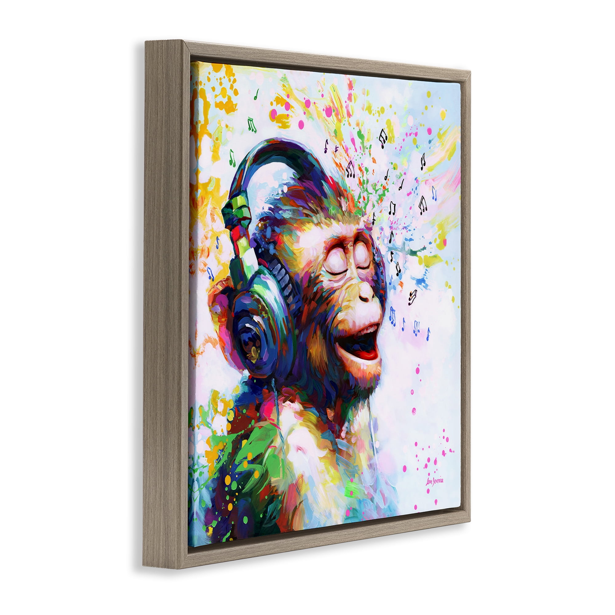 Stupell Industries Blissful Beats Monkey Animals & Insects Painting Brown Floater Framed Canvas Art Print Wall Art, 18 x 18
