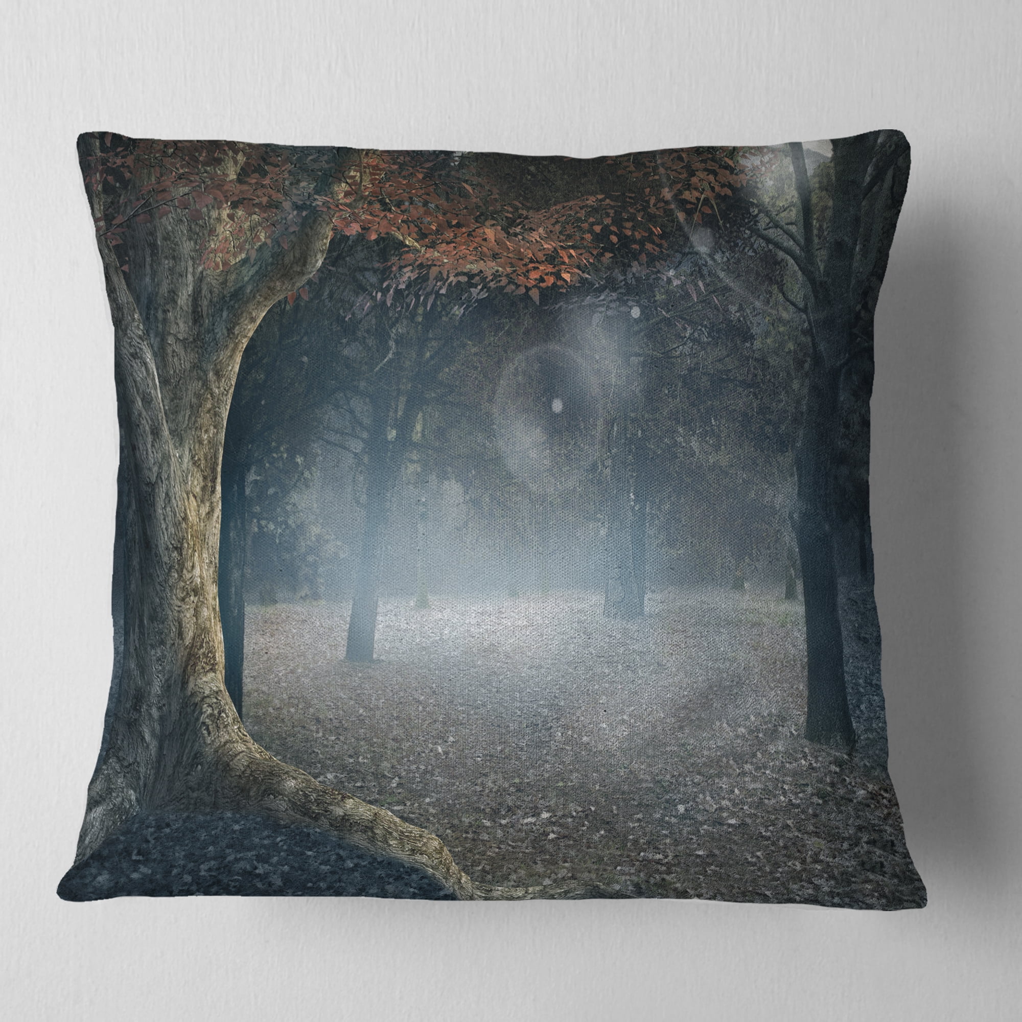 Designart Big Trees in Dark Foggy Forest - Landscape Photography Throw Pillow - 16x16