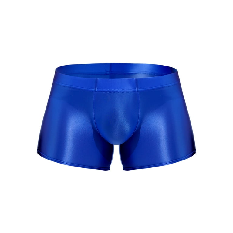 IEFIEL Mens Shiny Glossy Boxer Briefs Underwear Solid Color Low Rise Boxers  Underpants Swimming Trunks Blue XXL 