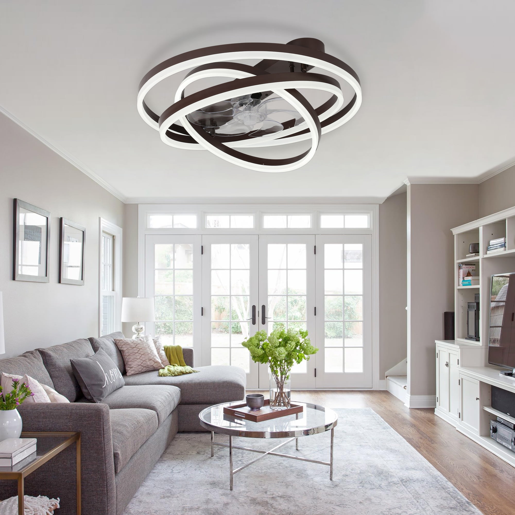 24Inch Modern Coffee Indoor Reversible Ceiling Fan with Dimmable LED Light, 6-Speed DIY Shape Ceiling Fan with Remote and APP Control