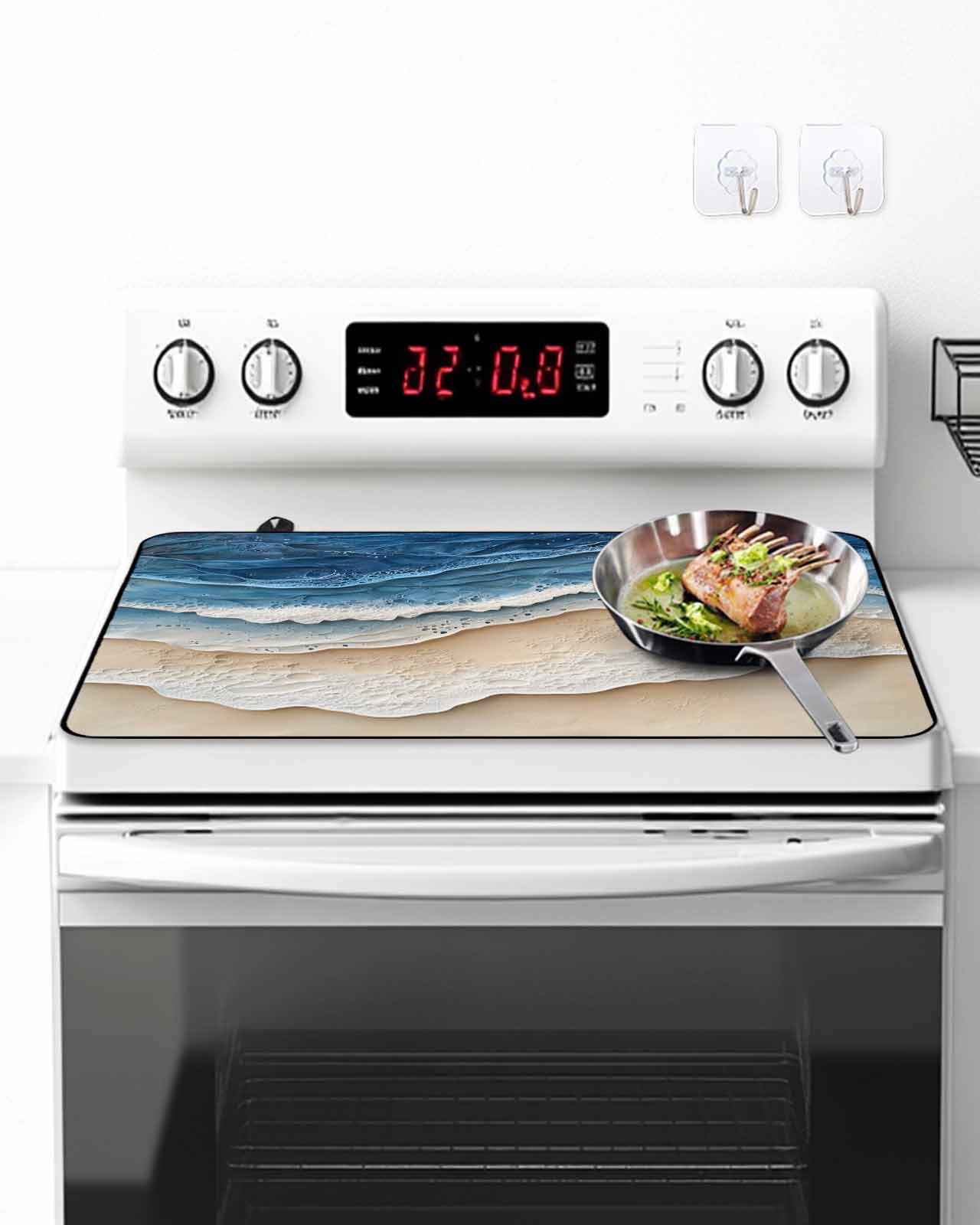 Stove Top Covers for Electric Stove, Blue Beach Coastal Glass Stovetop Cover Protector, Nautical Seaside Ocean Beige Induction Cooktop Protector Oven Mat for Kitchen Countertop 24"x21"