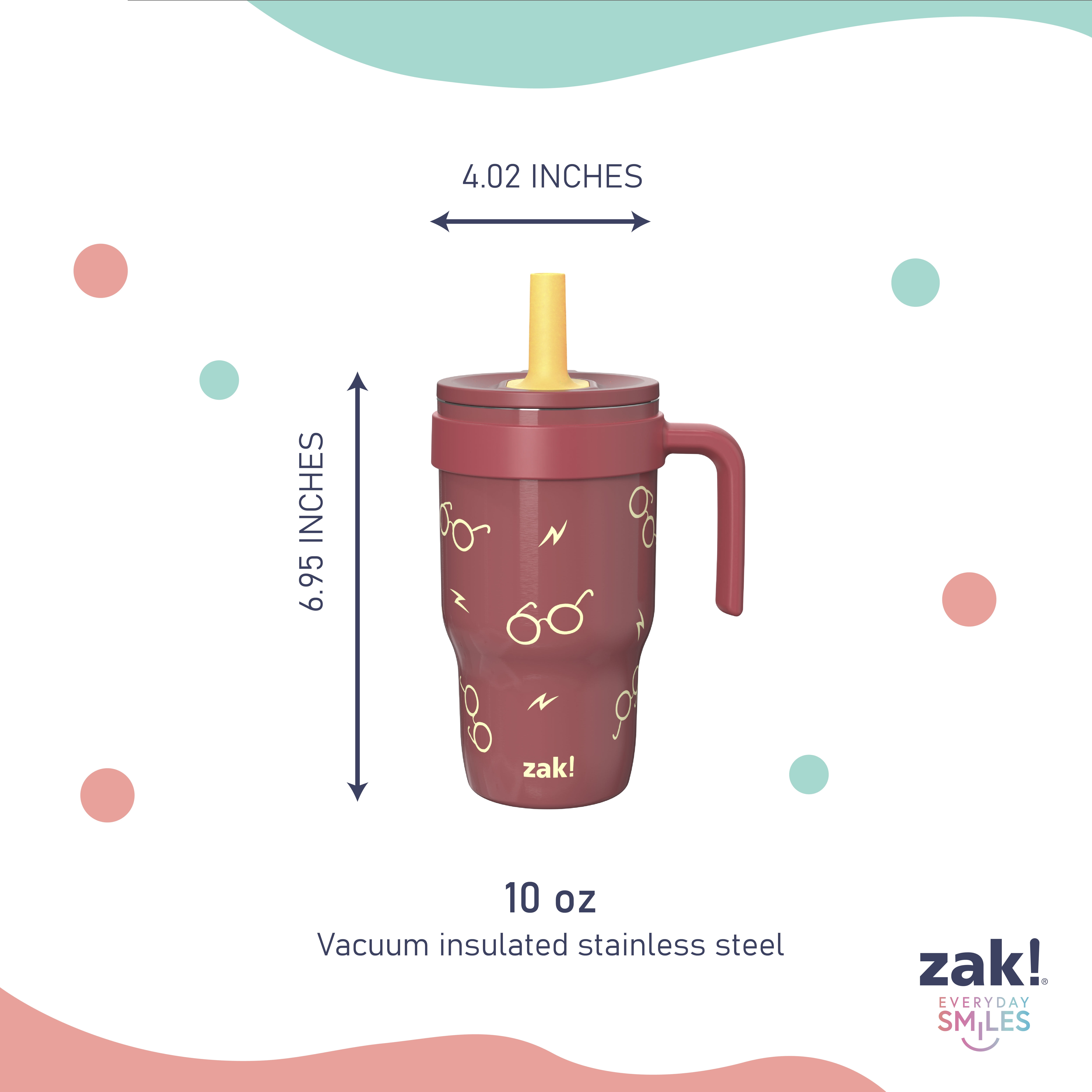 Zak Designs 10oz Harry Potter Kids Handle Tumbler, Stainless Steel Cruiser Tumbler with Soft Silicone Straw, Leak-Proof, Easy to Hold, Red