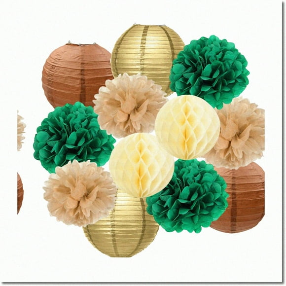 Woodland Whimsy: Rustic Gold Green Tan Brown Tissue Poms & Paper Lanterns - Perfect for Woodland Animals Birthday Party or Baby Shower, Gender Neutral Baby Show