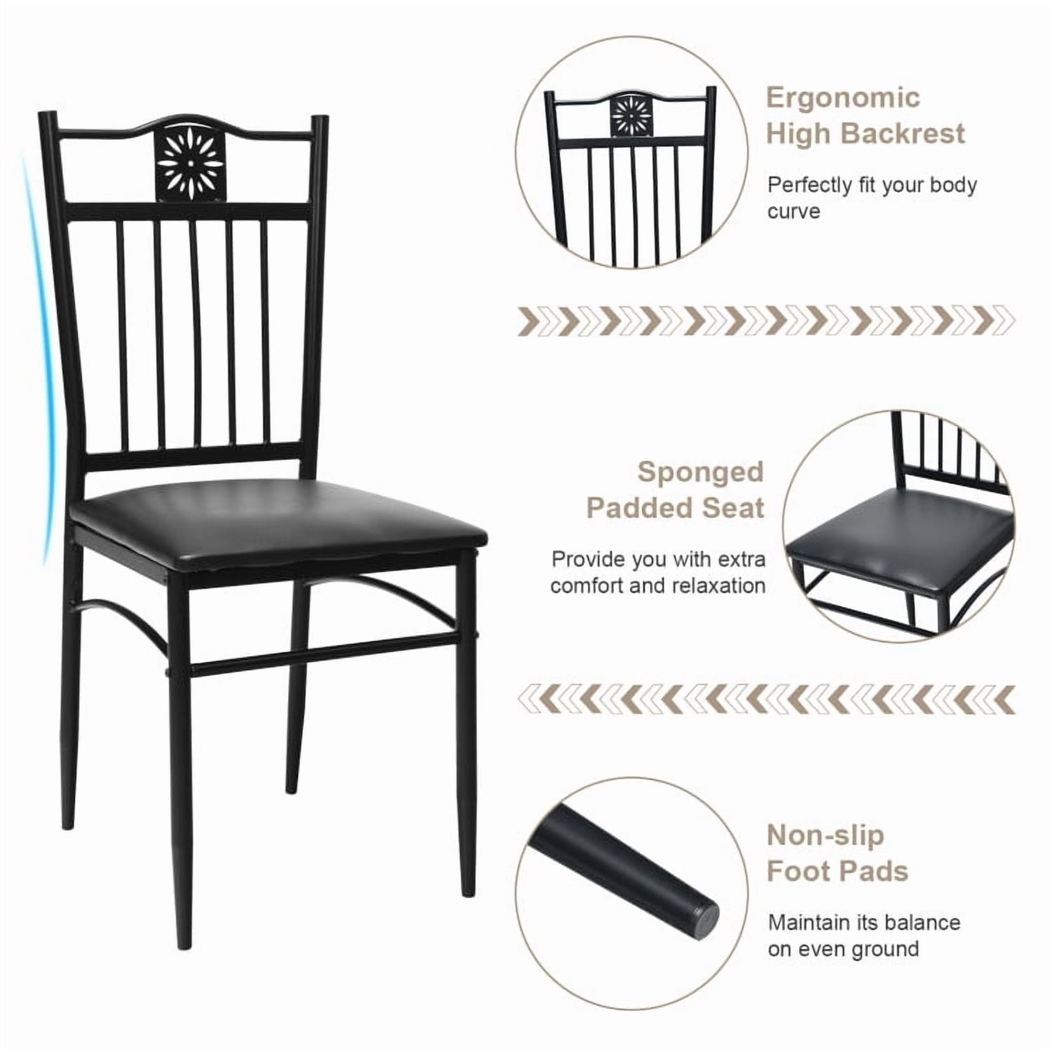 Demi Bonn Dining Set, Dining Table Set, 5 Pcs Dining Set Wood Metal Table and 4 Chairs with Cushions, for Home, Restaurant, Black