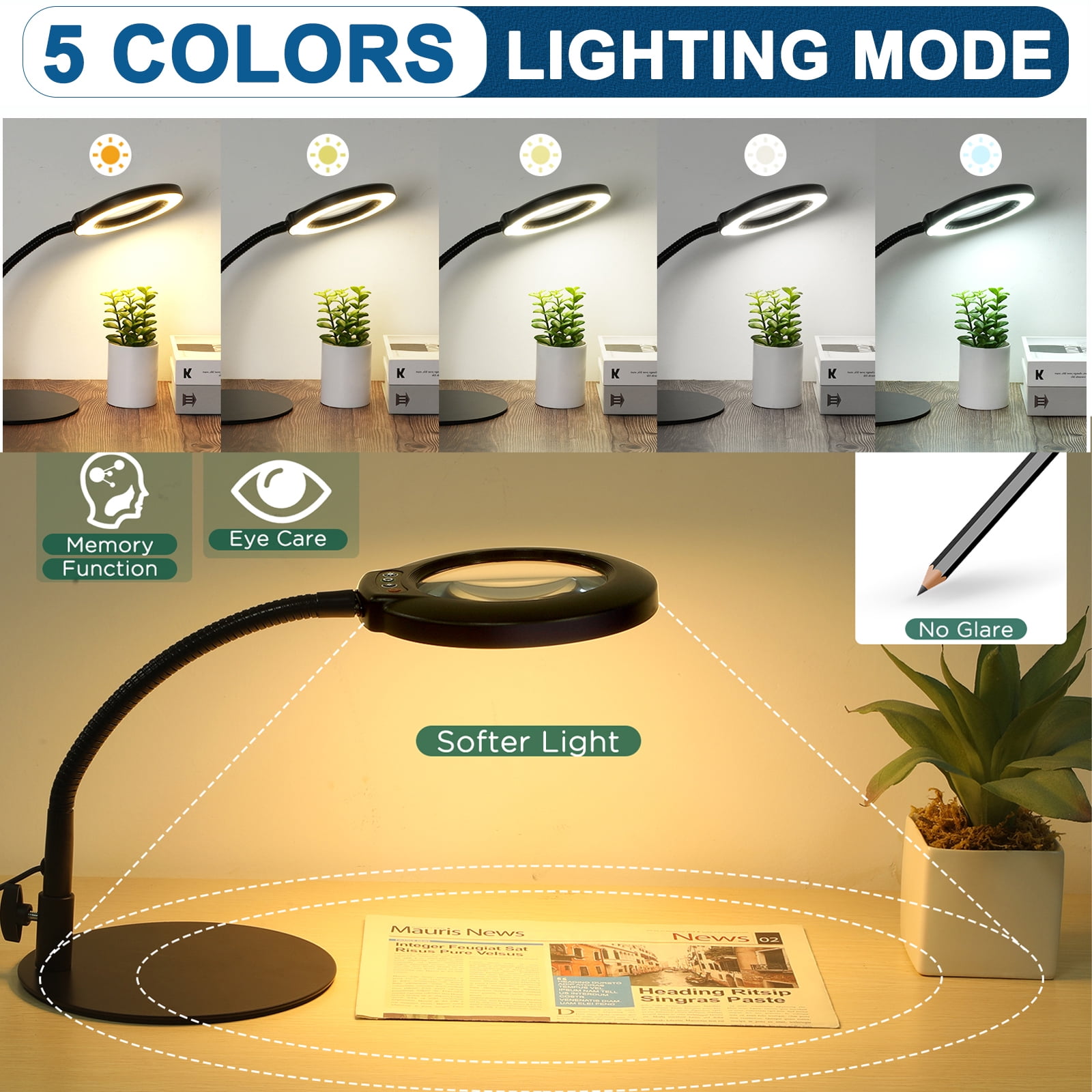 Lighted Magnifying Glass with Stand - Real Glass Lens, 5 Color Modes Dimmable, Flexible Gooseneck Hands-Free LED Desk Lamp for Crafts, Painting, Sewing & Close Work