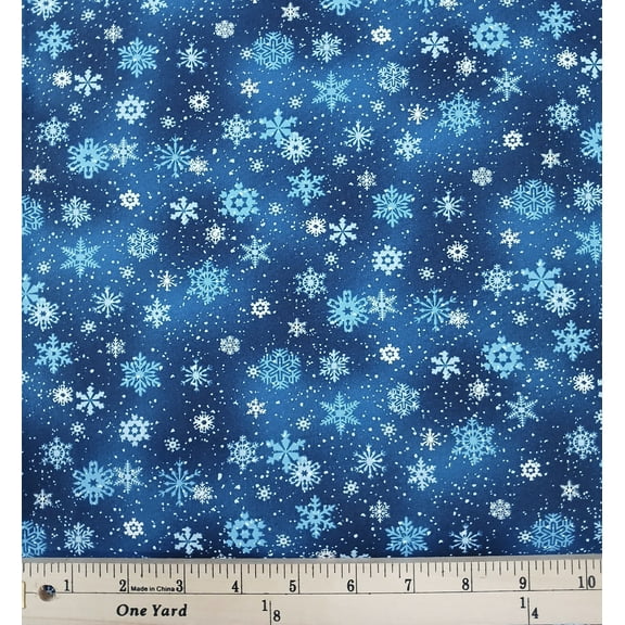 Cotton Landscape Medley Snowflakes Winter Holidays Snow Flurries Elizabeth Studios Cotton Fabric Print by the Yard (532NIGHTBLUE)