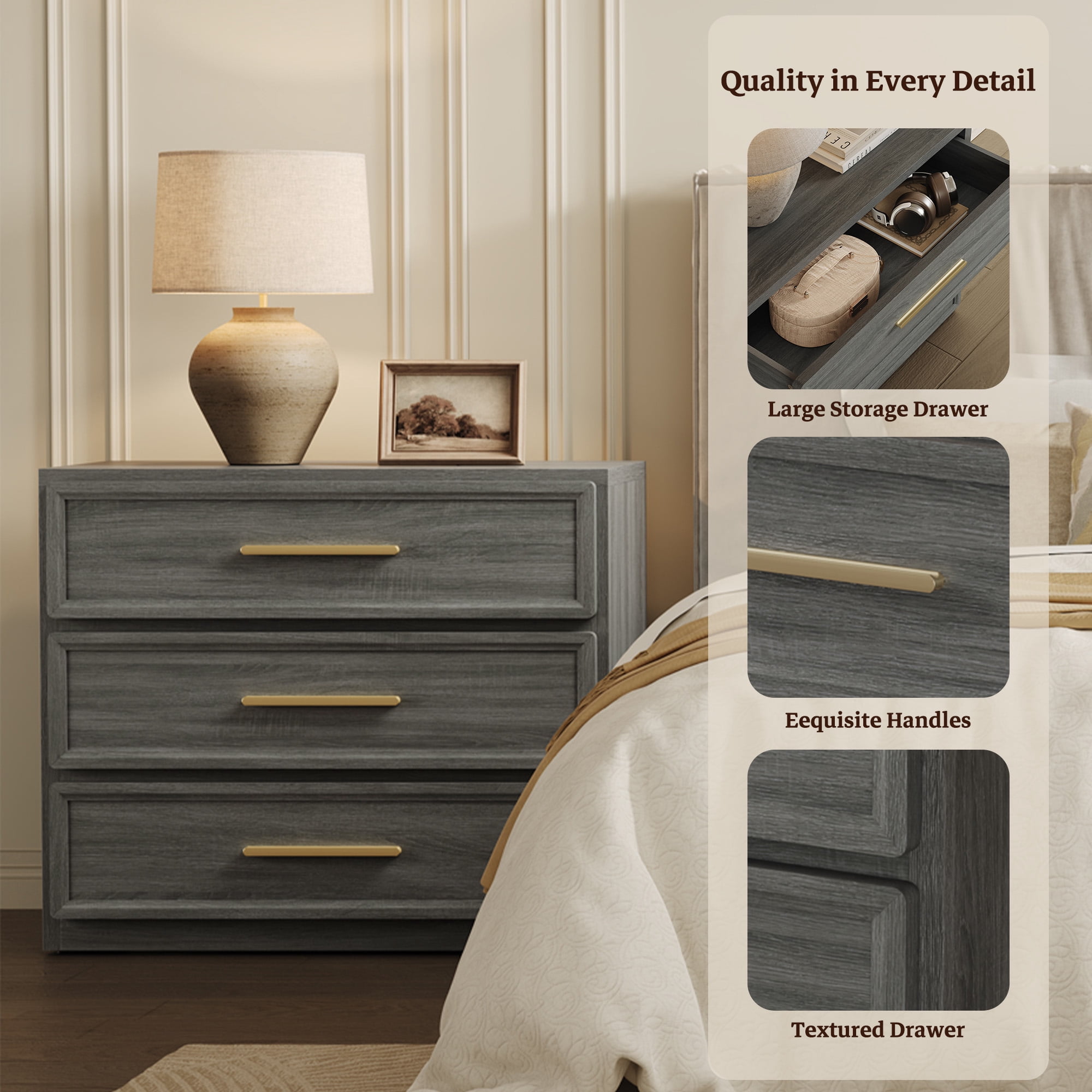 SICOTAS 31.3" W 3-Drawer Nightstand with Oversized Large Storage , Modern Night Stands Bedside Table with Adjustable Feet & Gold Handles for Bedroom Living Room Entryway, Dark Grey Oak
