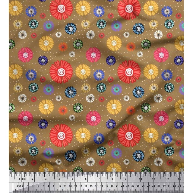 Soimoi Brown Rayon Fabric Dots & Aster Floral Print Sewing Fabric Yard 42 Inch Wide