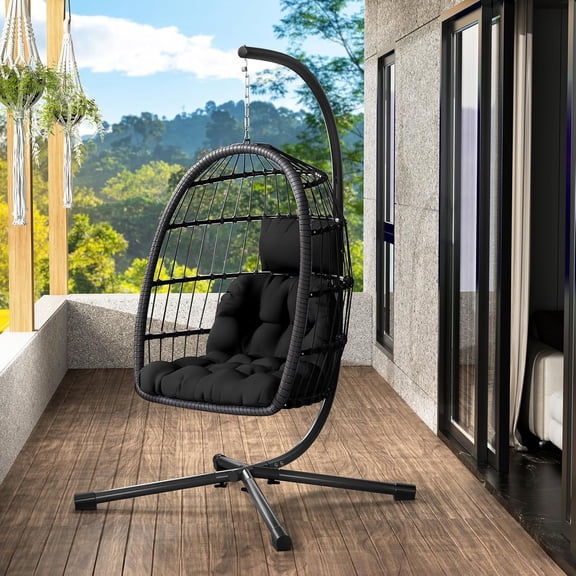 Egg Chair with Stand,Patio Rattan Wicker Hanging Swing Egg Chair Hammock Chair for Bedroom Porch Garden,Thickened Aluminum Alloy Steel Frame and UV Resistant Cushion,350LBS Capacity