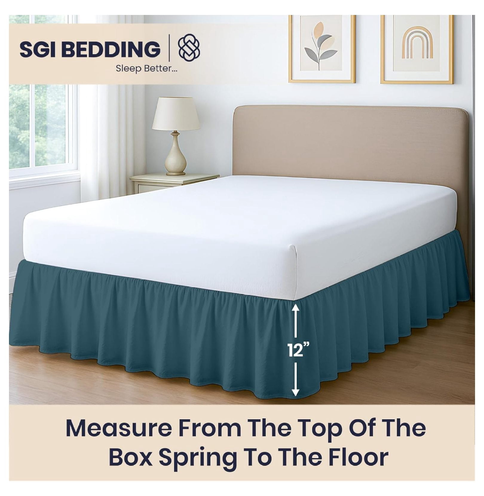 12 Inch Drop Ruffled Bed Skirt King Size - Classic Gathered Styling, Platform Style Dust Ruffle with Secure Fit, Split Corners, Wrinkle-Resistant Microfiber - Teal