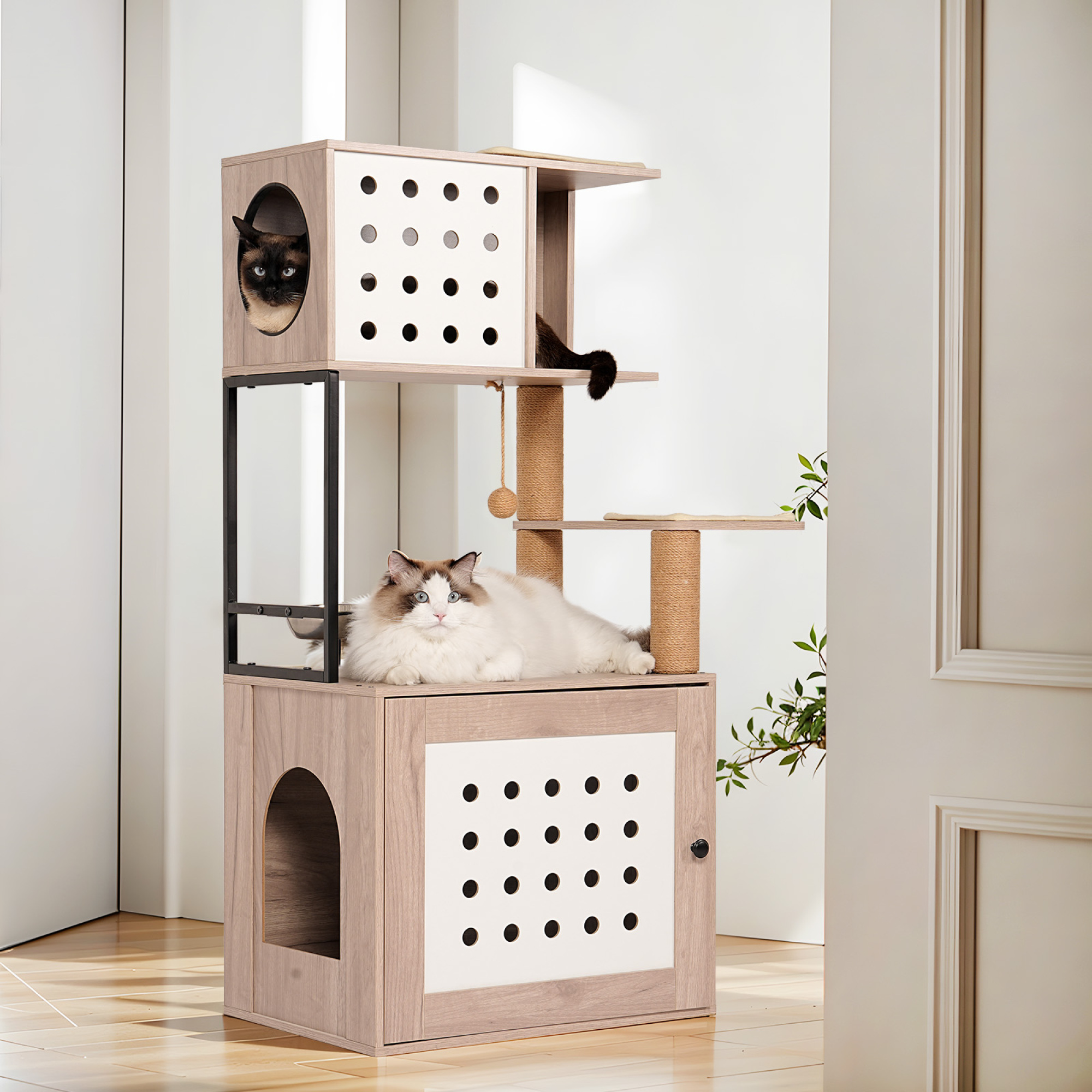 Leumius Cat Tree with Litter Box Enclosure, All-in-one Cat Tower for Indoor Cats with Large Hammock, Bed, Food Station, Scratching Posts, Modern Style Pet Furniture for Small Large Cats Gray+White