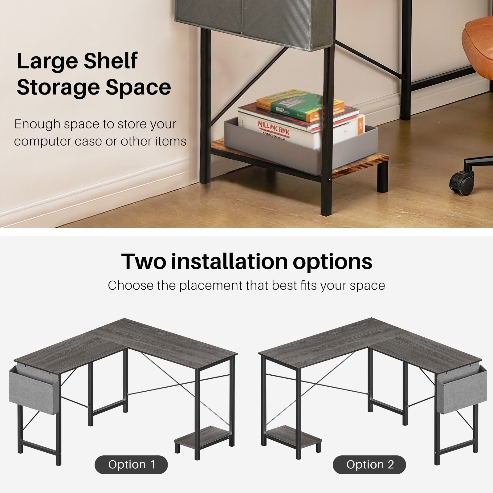 TINKLE WELL 50-inch L-Shaped Computer Desks, Corner Gaming Table with Wooden Desktop, Reversible Design, CPU Stand and Side Bag for Home Office, Study, Gray