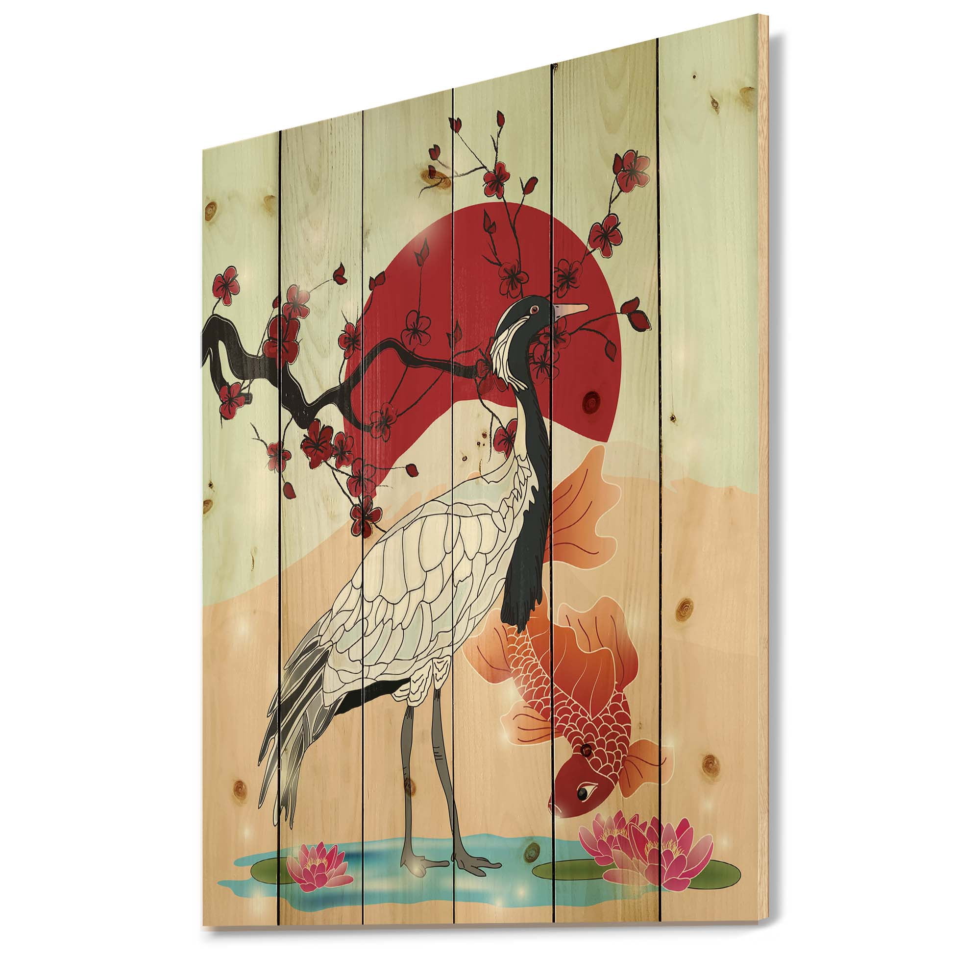 Designart 'Koi Fish With Crane Bird' Farmhouse Print on Natural Pine Wood