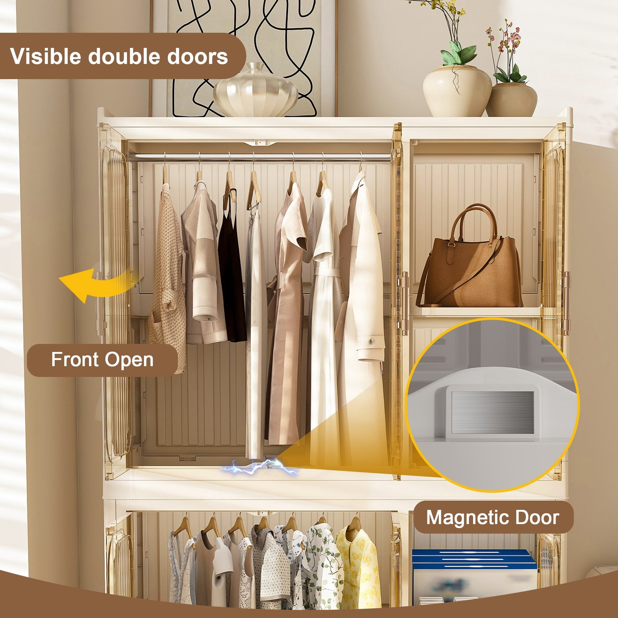 Resenkos Portable Wardrobe Closet Storage Organizer For Clothes,Clothes Dresser,6 Magnetic Doors-6 Cubes & 2 Hanging Rod,6 pcs hangers, Cream White