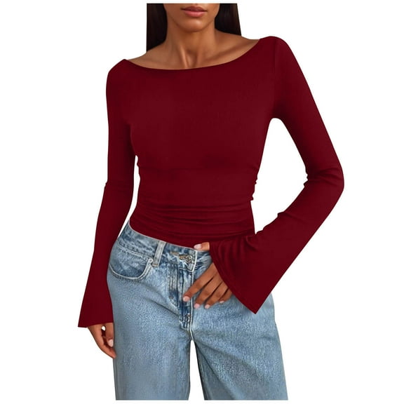 Njagoc3 Women's Off-The-Shoulder Long Sleeve Flared-Cuff Oversized Top,Wine,XL