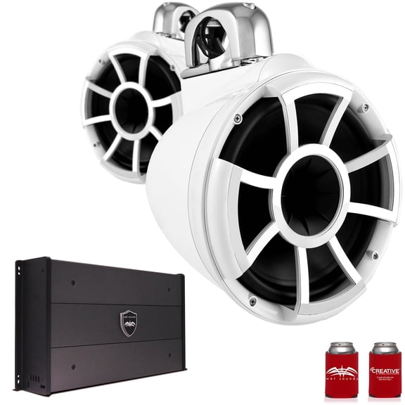 Wet Sounds REV10W-FC 10" White Tower Speakers with Stainless Steel Fixed Clamps & SYN-DX2.3 1200 Watt Amplifier