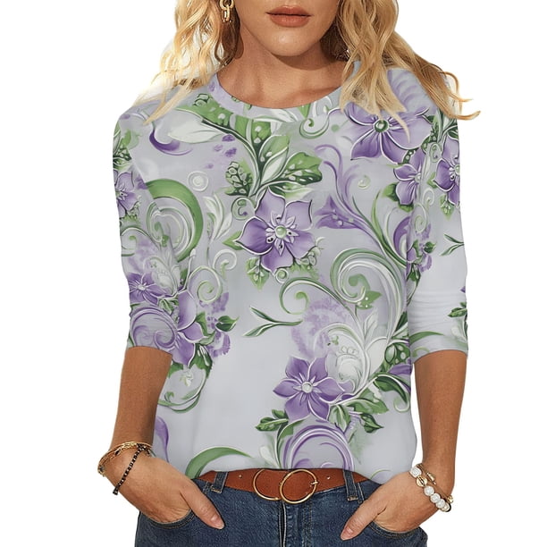 Tops de Manga Larga de Mujer 3/4 Manga Flores Impresas Cuello Redondo Blusa Casual Estiramiento Suave