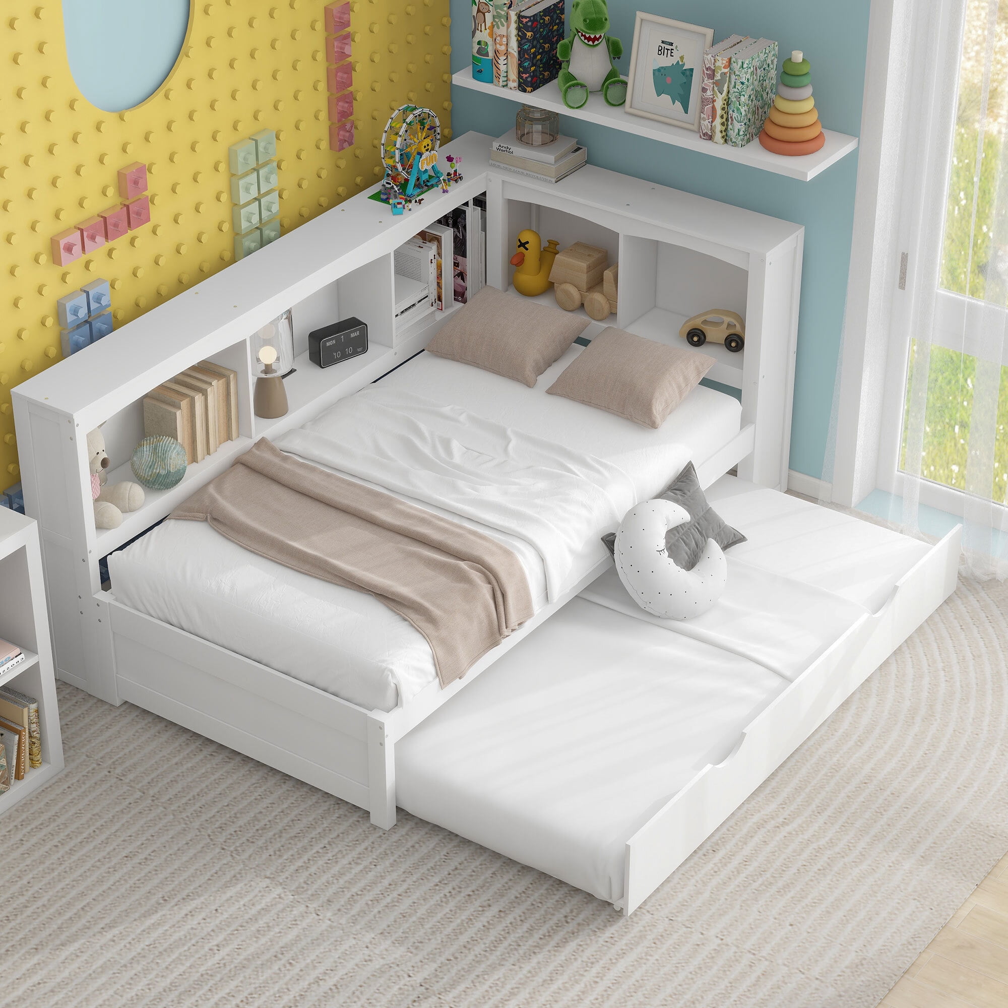 Euroco Wood Twin Daybed with Trundle,Storage Shelves and Charging Station Sofa Bed for Bedroom,White