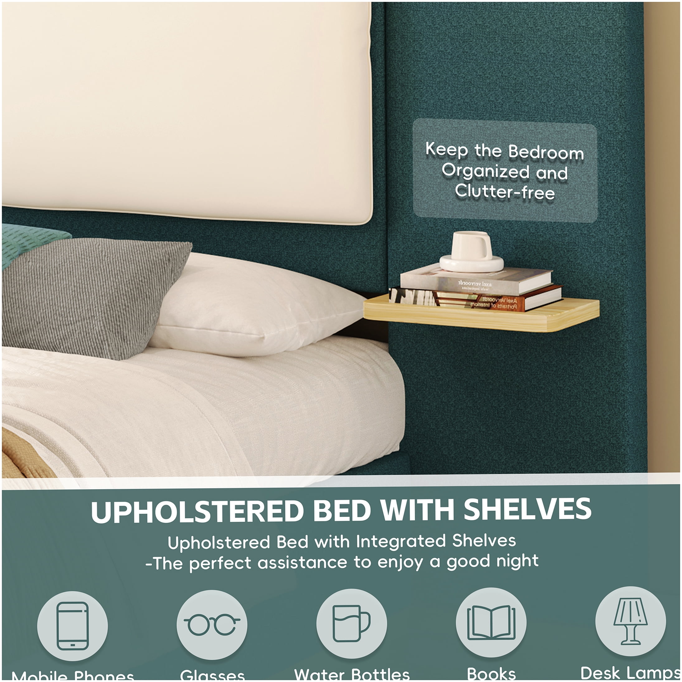 Green Upholstered Queen Bed Frame with Storage Shelves and Headboard