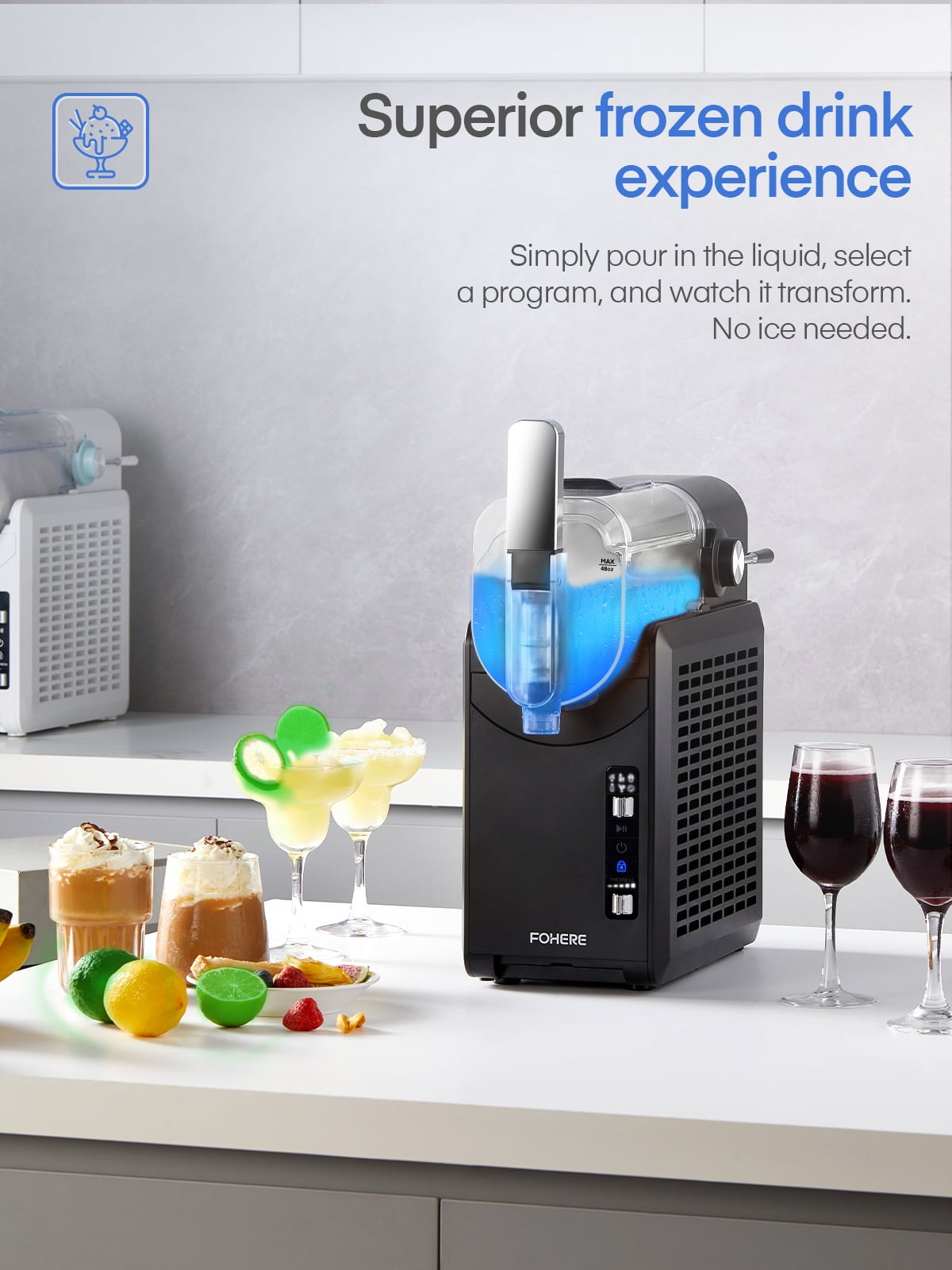 FOHERE 72oz 5-in-1 Slushie Machine, No Ice Needed, 15 Mins Slushy Machine for Home with Self-Clean, 5 Presets, Frozen Margaritas, Frapps, Milkshakes