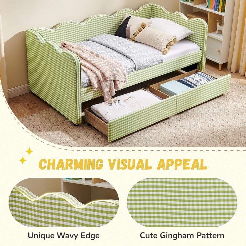 Twin Size Cozy Gingham Daybed with 2 Storage Drawers, Wave Shaped Linen Fabric Sofa Bed with USB Port for Living Room Bedroom