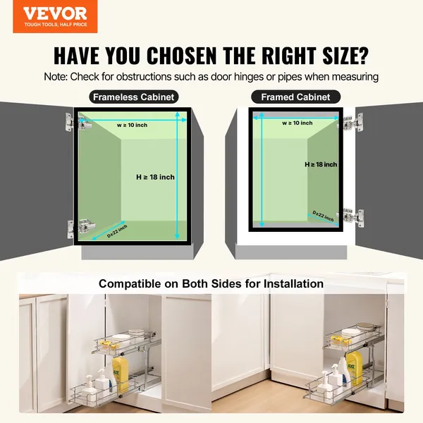 Heavy Duty Pull Out Cabinet Organizer 8.5Wx21Dx15H Steel Roll Out Drawers Sliding Pantry Shelves Under Sink Storage 10Wx22Dx18H Install Size