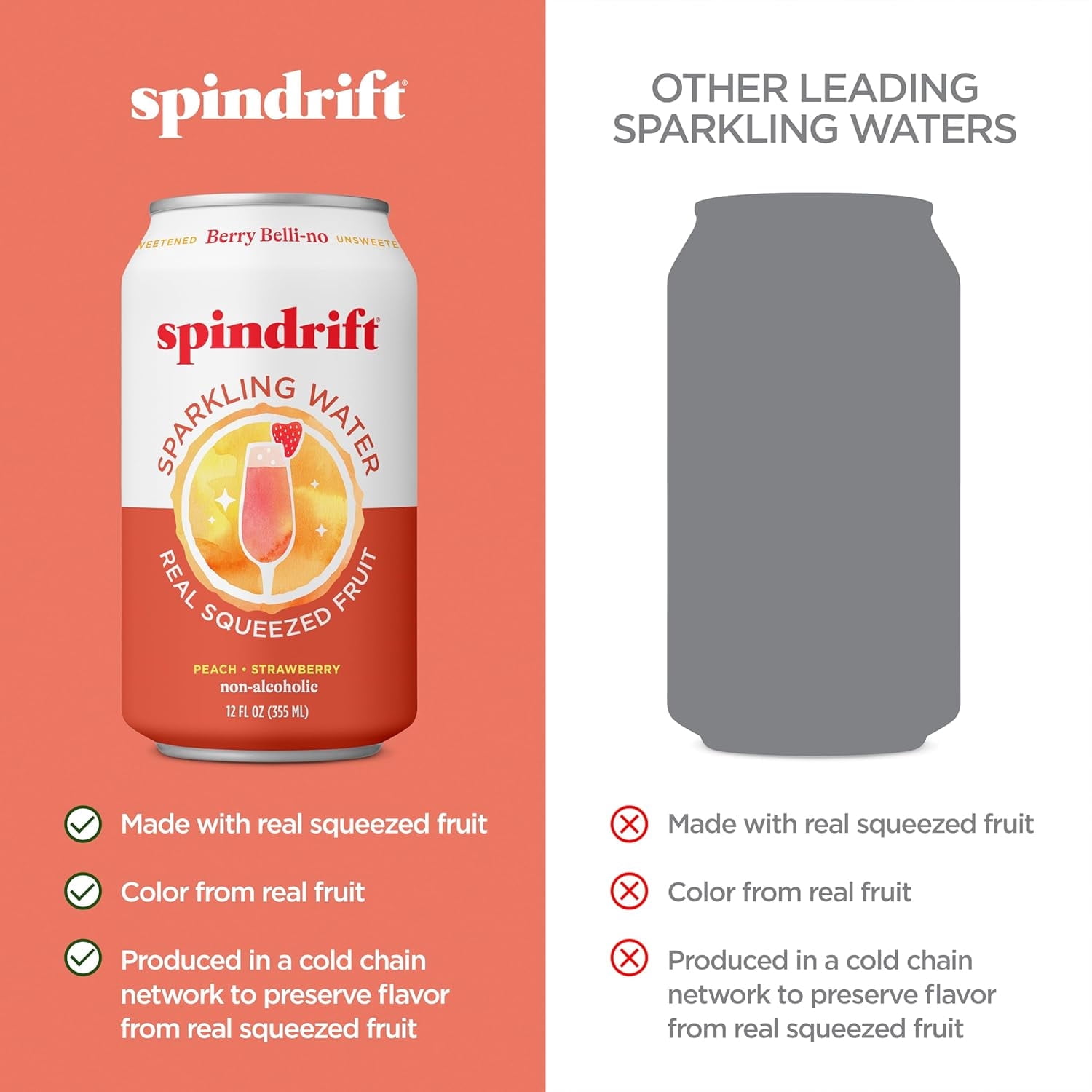Spindrift Sparkling Water, Berry Belli-no Flavored, Made with Real Squeezed Fruit, 12 fl oz, 8 Count, No Sugar Added, 13 Calories per Can