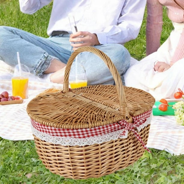 Cesta de mimbre para picnic, cesta tejida de mimbre con tapa y asa, práctica cesta de almacenamiento de mimbre para parque al aire libre, pan para Grande