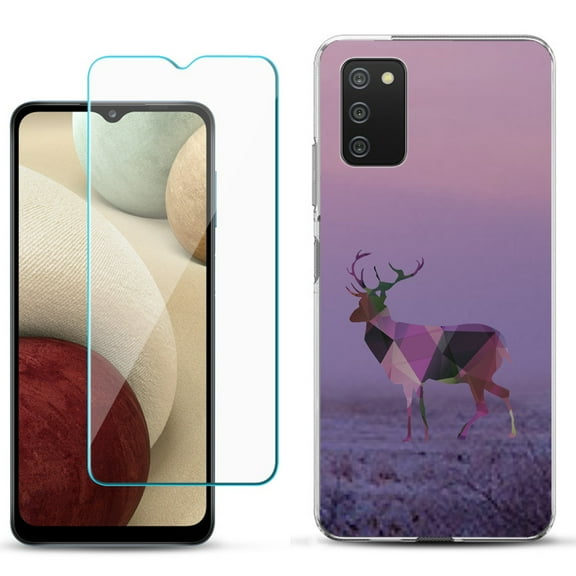 Slim-Fit TPU Phone Case Compatible with Samsung Galaxy A02s, with Tempered Glass Screen Protector, by OneToughShield ® - Deer/Polygon